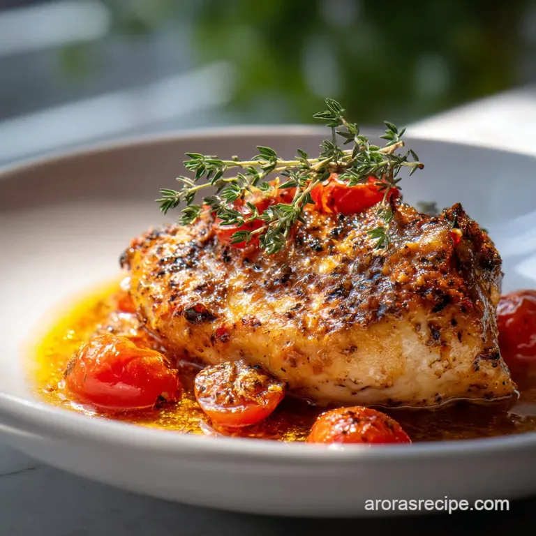 Tender, flaky chicken breast elegantly plated, served with vibrant green herbs and a hint of steam.