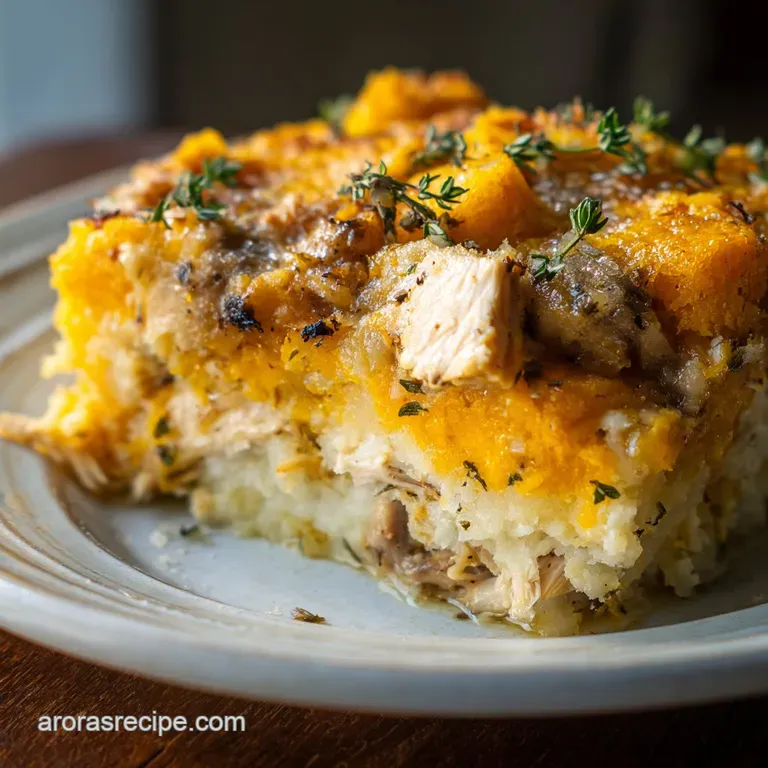 A single serving of creamy chicken casserole, garnished with parsley, in a white bowl, steam rising, hinting at the warm, ...