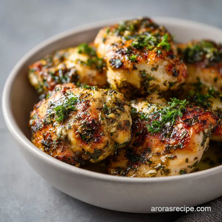 A rustic bowl filled with succulent chicken and soft potatoes, garnished with fresh herbs.