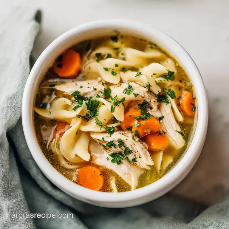 A steaming bowl of hearty chicken noodle soup, garnished with fresh parsley, served with crusty bread.