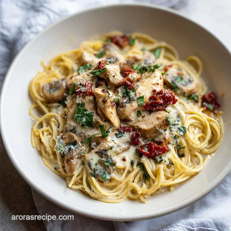 A single, artfully plated portion showcasing creamy pasta, tender chicken, and bright green parsley against a white plate.