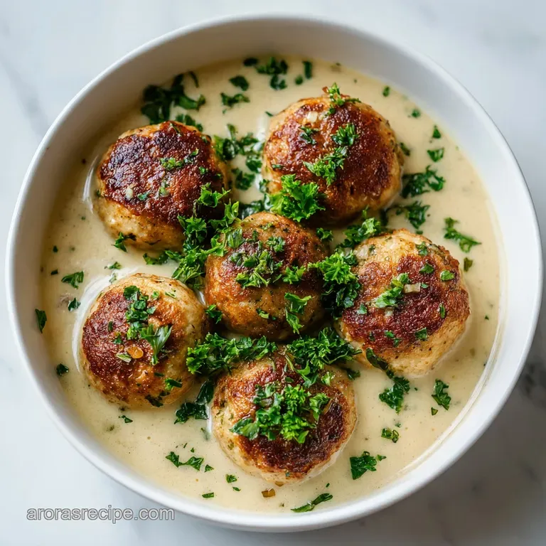 Elegant plate of tender brown meatballs over fluffy white mashed potatoes, drizzled with a rich, glossy cream sauce.