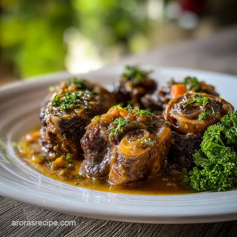 Braised oxtails, tender and falling off the bone, plated with polenta and vibrant green herbs. Elegant comfort.