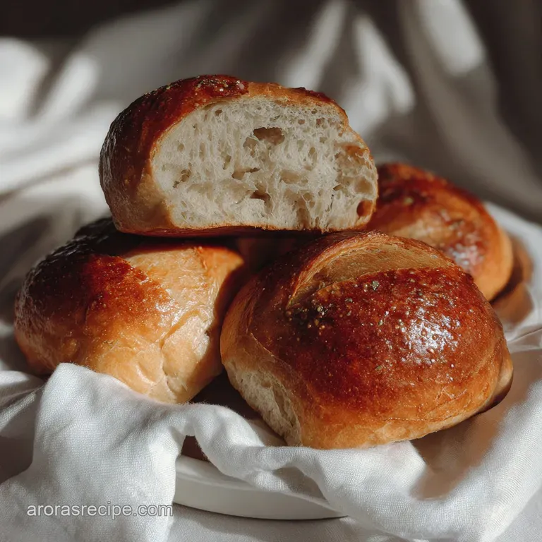 Warm, golden-brown sourdough roll with a soft, pillowy texture, artfully sliced, revealing a delicate crumb.