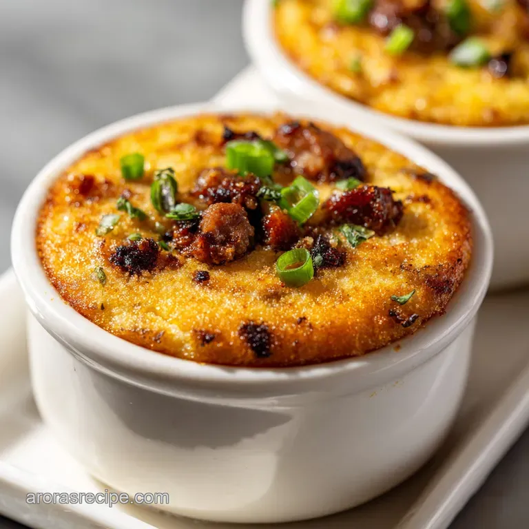 A generous scoop of creamy grits with visible sausage crumbles, presented on a white plate with a fork.