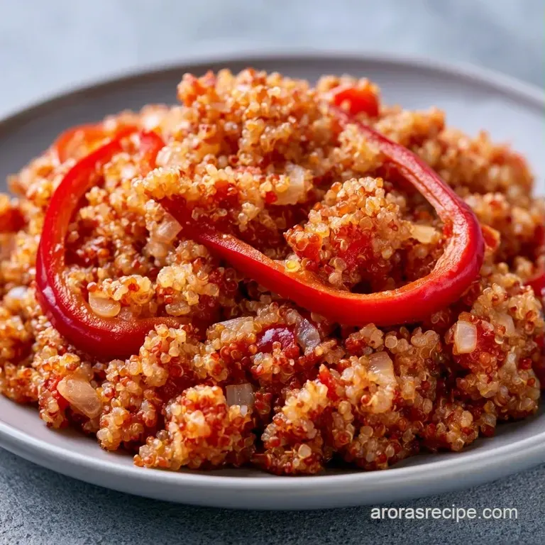 A scoop of savory golden quinoa topped with a fresh parsley sprig on a white ceramic plate with a silver fork beside.