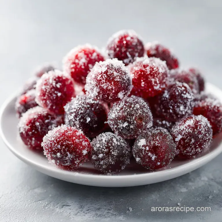 Artfully arranged sugared cranberries on a silver platter, glistening with holiday cheer.