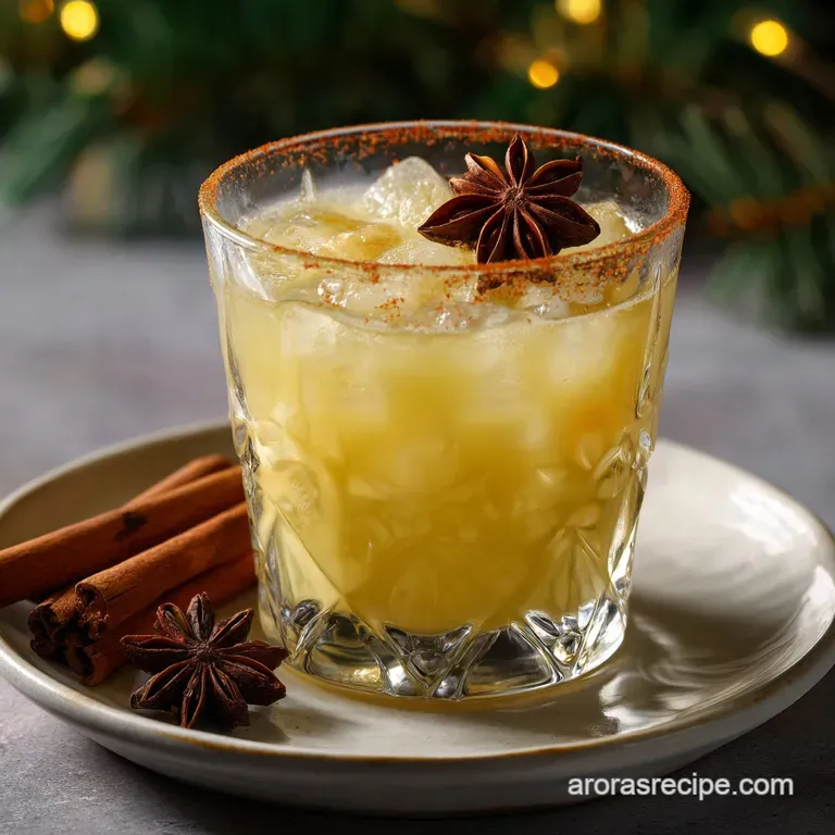 Vibrant cocktail with amber hues, garnished with cinnamon stick and star anise, ice crystals glistening on the chilled glass.