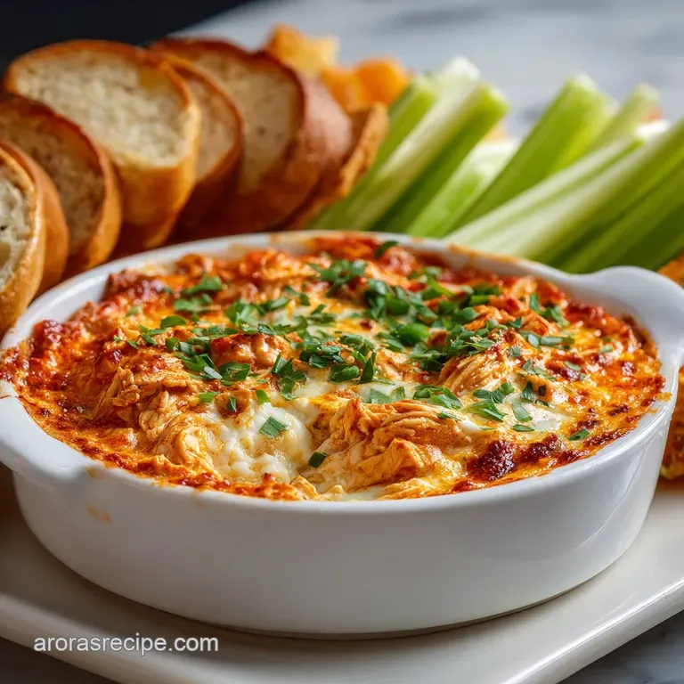 Creamy buffalo chicken dip in a white bowl with celery sticks, carrots, and crispy tortilla chips, ready to be devoured.