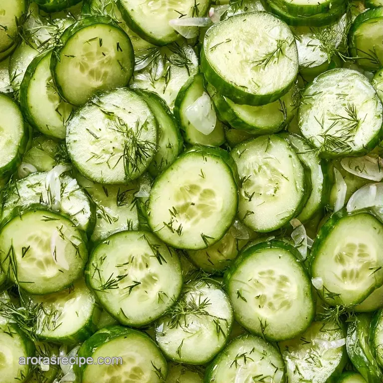 Sliced green pickles arranged neatly on a white ceramic plate with fresh dill and a sprinkle of red chili flakes.