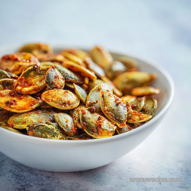 Pile of glistening, spiced pumpkin seeds in a rustic wooden bowl, flecks of red pepper and garlic catching the light.