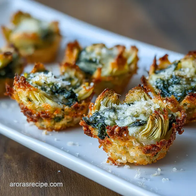 Delicate phyllo cups overflowing with rich, green spinach-artichoke filling, artfully arranged on a white serving platter.