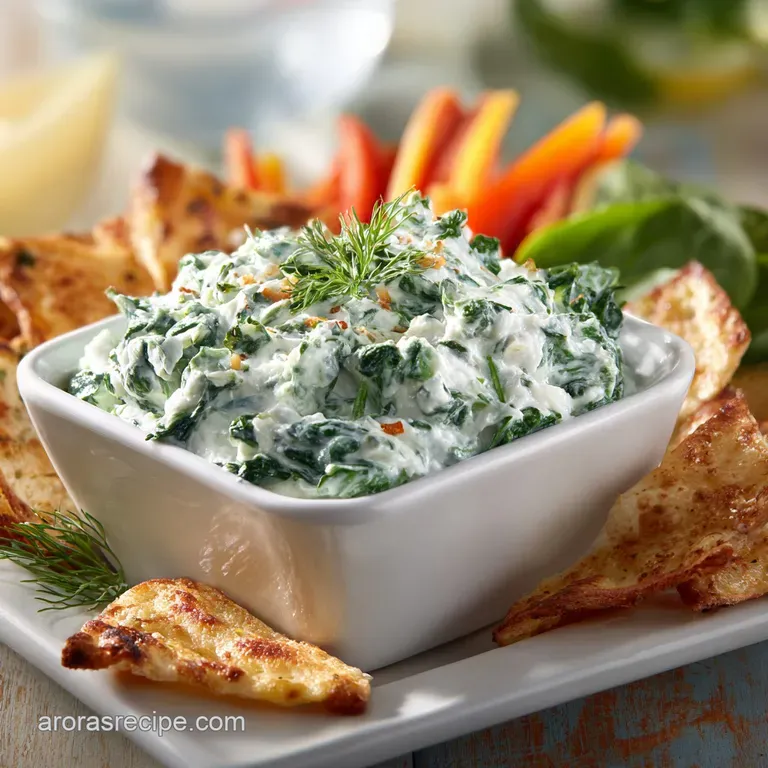 Elegant spinach dip in a scooped-out bread bowl, artfully arranged with vibrant carrot sticks and toasted baguette slices.