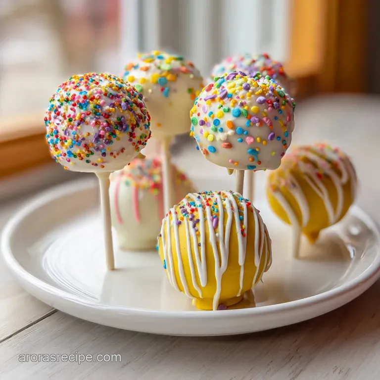 Dipped cake pops with swirled frosting and decorative sprinkles, presented on a white ceramic plate.