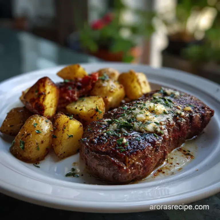 Perfectly seared steak atop creamy mashed potatoes, drizzled with sauce. A gourmet meal with rustic appeal.