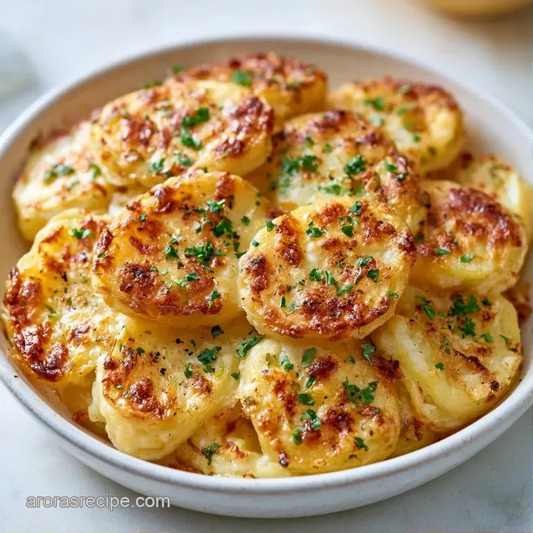 A neat square of layered potato slices topped with toasted cheese on a slate plate with a sprig of fresh parsley.