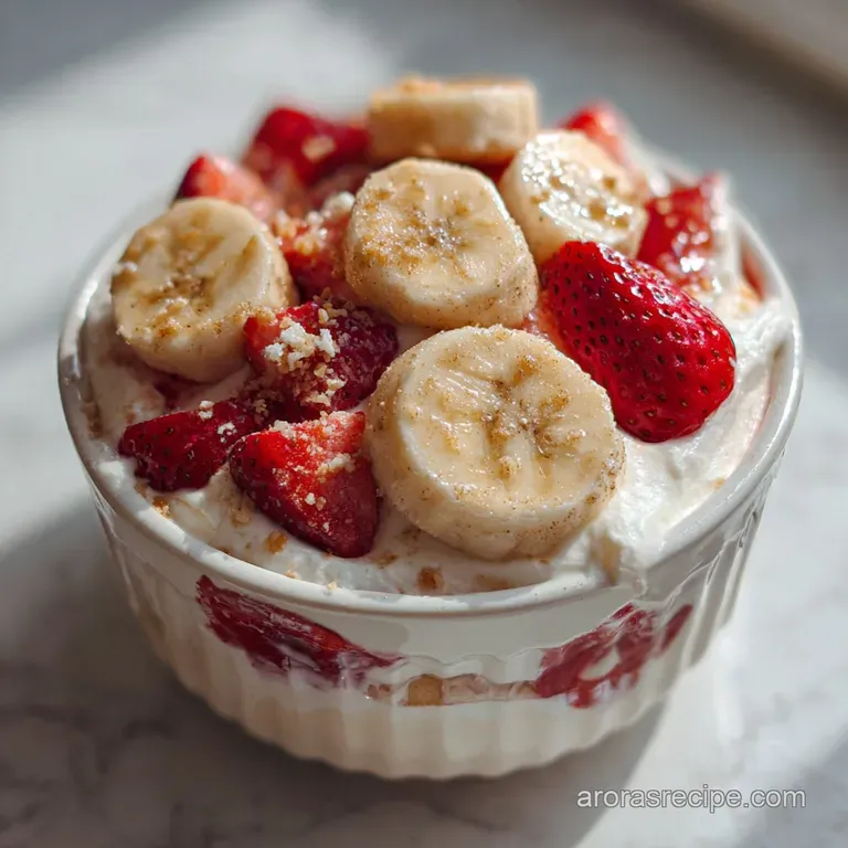 Elegant glass trifle bowl filled with alternating layers of vanilla pudding, sliced bananas, and bright red strawberries.
