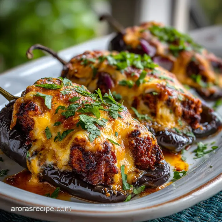 A vibrant stuffed ancho chile, glistening with oil, rests on a white plate; hints of herbs peek from the savory filling.