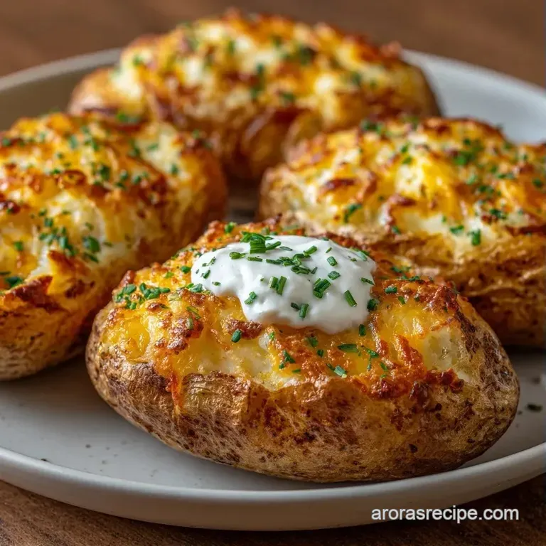 Two roasted potato shells with bubbling cheese and green herbs, served on a slate platter with a side salad.