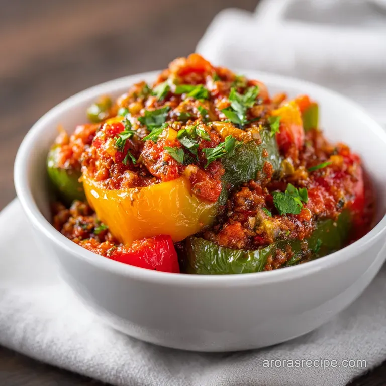 A generous scoop of colorful stuffed pepper casserole, topped with melted cheese and fresh herbs on a white plate.