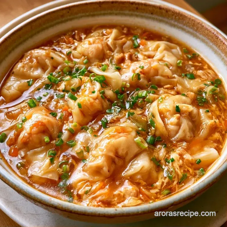 Elegant white bowls of pale golden broth with folded wontons and smashed garlic cloves, set on a dark wooden table.