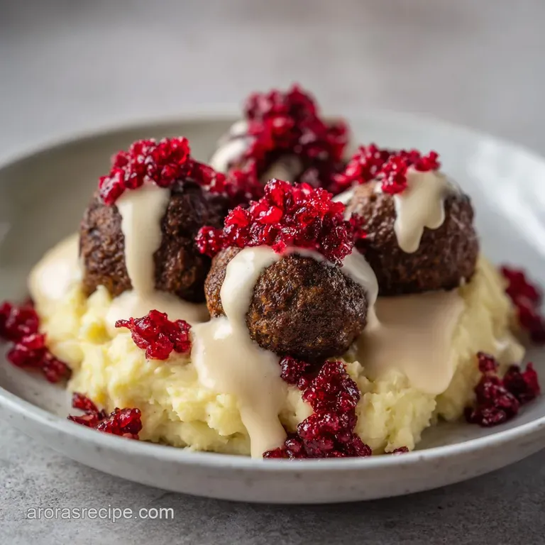 Neatly arranged browned spheres in silky sauce on a white ceramic plate with bright red lingonberry jam on the side.