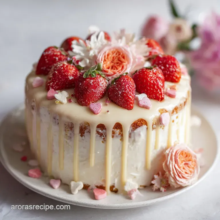Slice of frosted pink cake on a white plate, adorned with heart candies. Soft light highlights moist texture, inviting a s...