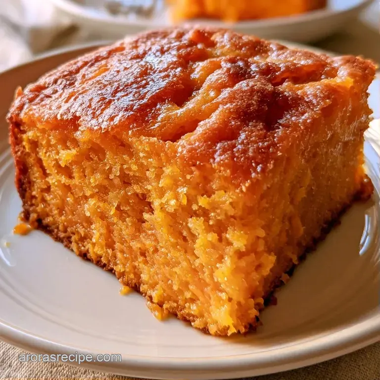 A single slice of orange-hued sponge cake on a white ceramic plate with a swirl of fluffy white cream frosting.