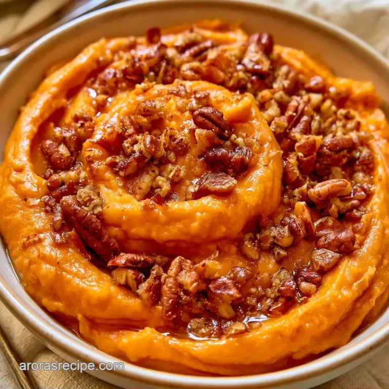 A scoop of smooth orange mash topped with golden toasted pecans on a white plate, garnished with fresh parsley.