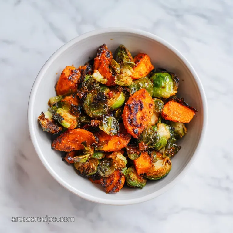 Golden-brown roasted sweet potatoes and crisp Brussels sprouts artfully arranged on a white plate, showcasing caramelized ...