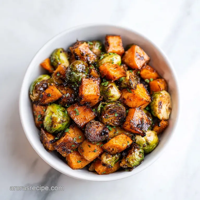 Roasted Sweet Potatoes and Brussels Sprouts