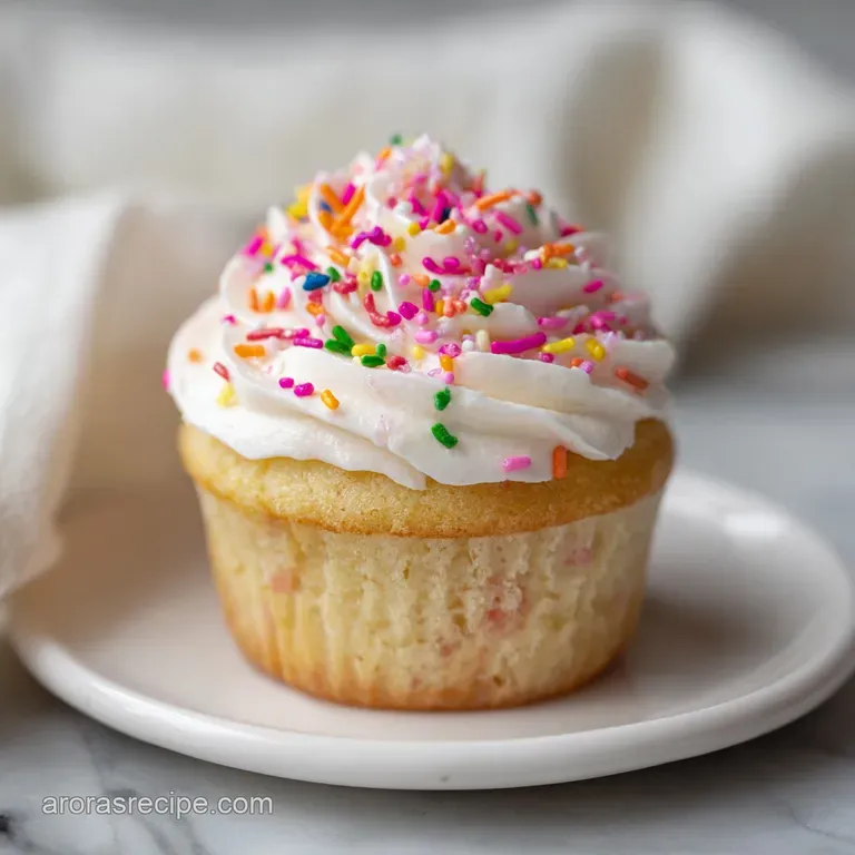 Single cupcake with a swirl of light pink frosting, sparkly sugar decorations, and rainbow sprinkles on a delicate dessert...