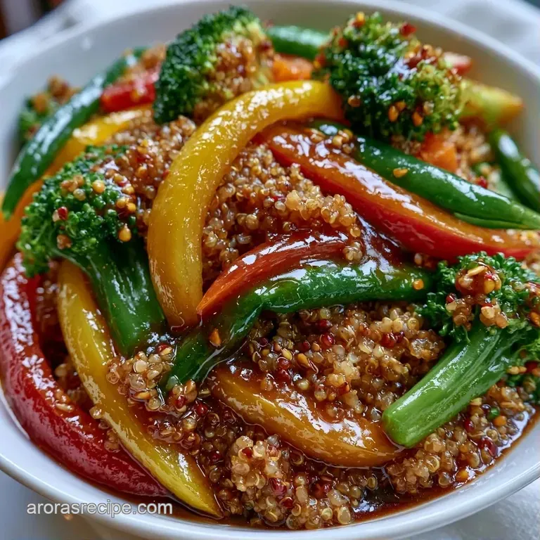 Neatly plated glazed quinoa and colorful stir-fried vegetables garnished with toasted sesame seeds on a white dish.