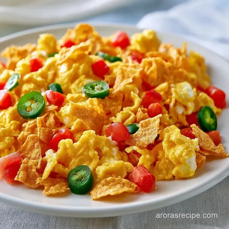 Colorful medley of eggs and crisp tortilla chips plated with sliced avocado and a swirl of zesty red salsa.