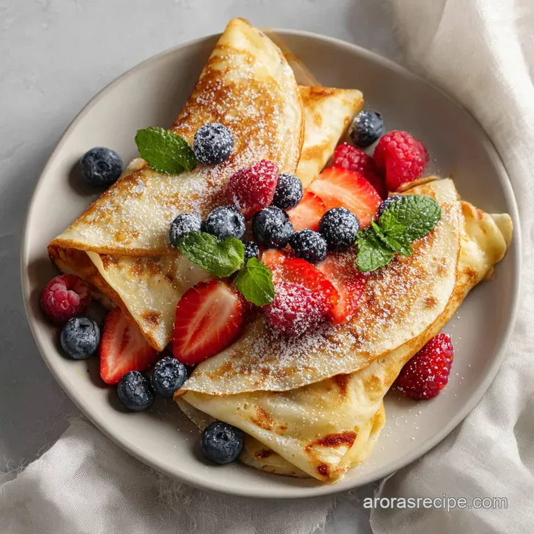 Thin, tender crepes artfully stacked with a swirl of cream and a bright berry garnish.
