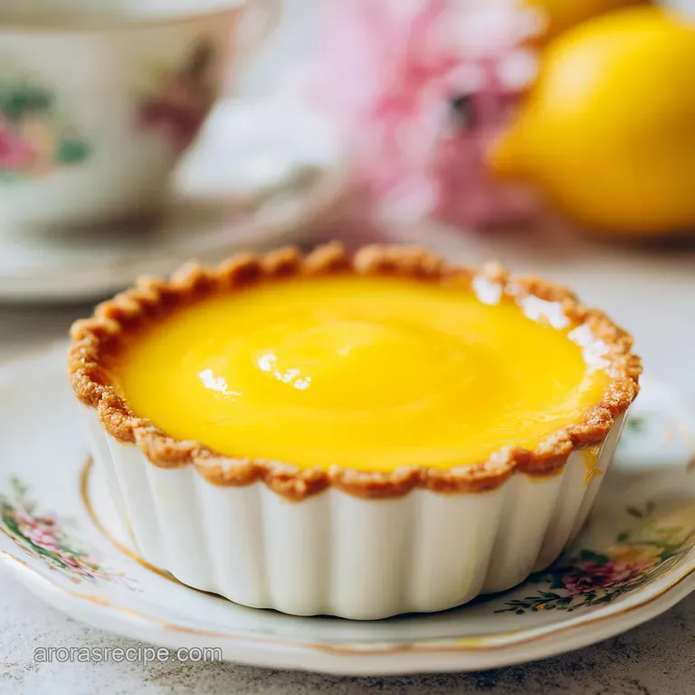 Smooth, bright lemon curd mounded in a delicate ramekin, topped with a fresh mint sprig.