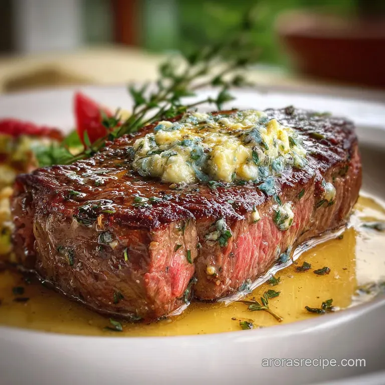 Perfectly seared steak slices fanned across a white plate, glistening with savory butter sauce. Garnished with fresh herbs...