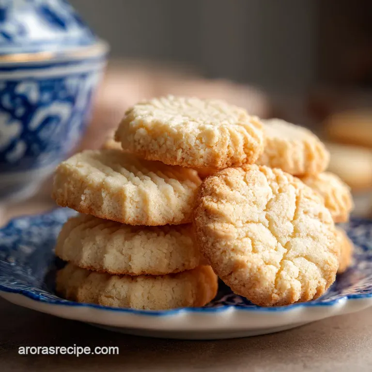 Delicate shortbread rounds artfully arranged on a white porcelain plate, garnished with a sprig of rosemary.