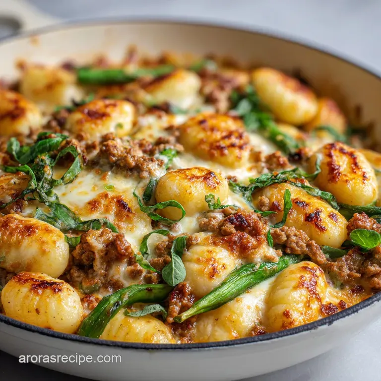 Creamy gnocchi and turkey in a shallow bowl, sprinkled with fresh parsley. Rustic presentation with a wooden spoon resting...