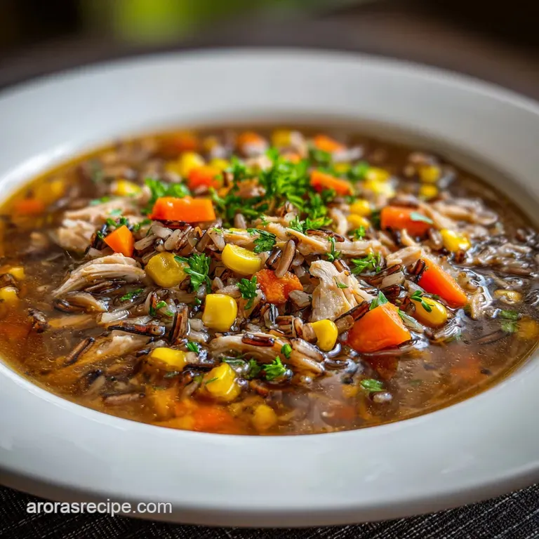 Elegant bowl of turkey wild rice soup with a swirl of cream and a sprig of thyme, inviting warmth radiating.