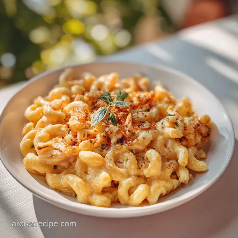 A generous scoop of ultra-creamy mac and cheese, topped with toasted breadcrumbs and a sprinkle of herbs.
