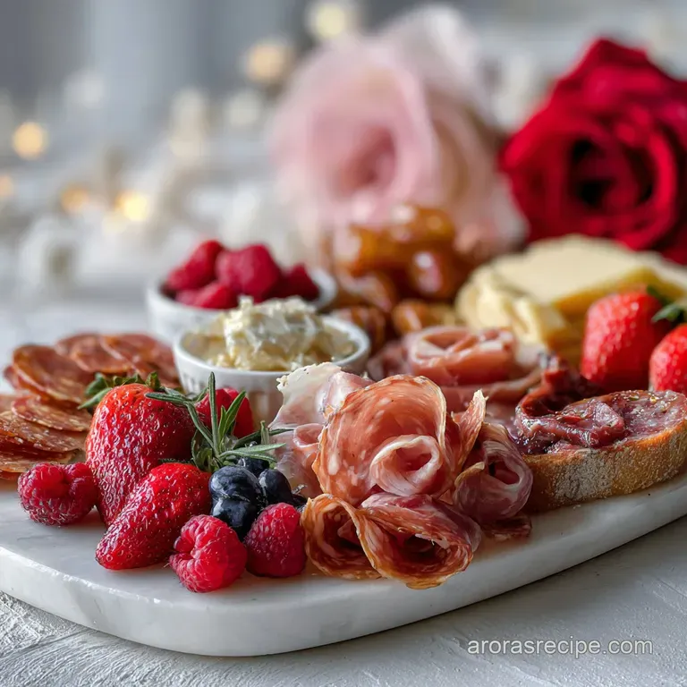 Elegant charcuterie board featuring heart-shaped cheese, salami roses, fresh berries, and artisanal crackers artfully arra...