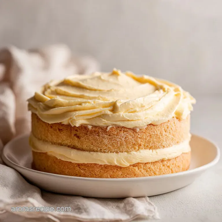 Slice of frosted vanilla cake on a white plate. Soft crumb, with rich creamy frosting. Fork rests to the side. Elegant des...