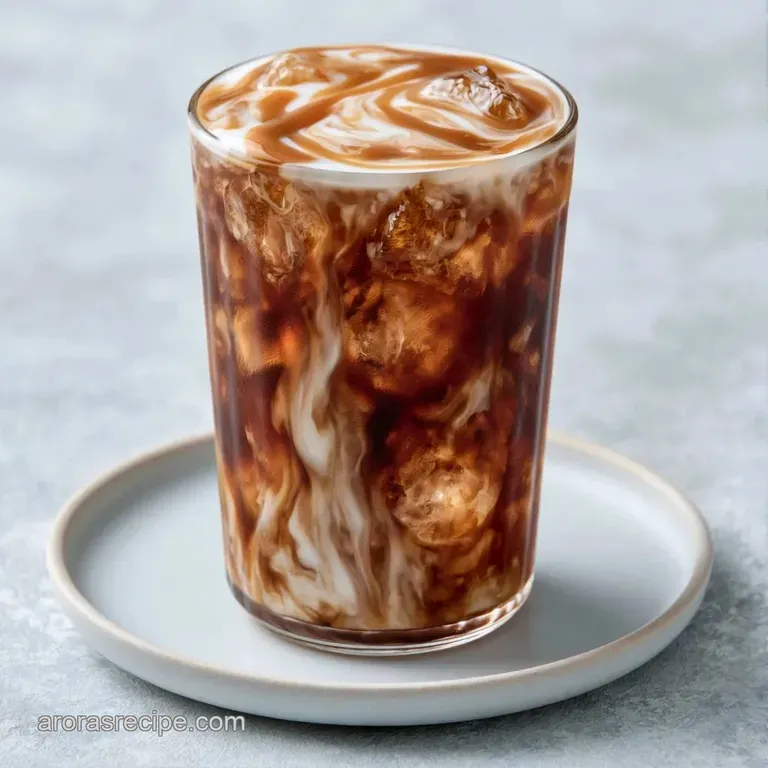 Clear glass mug of layered coffee on a rustic wooden tray, accented by a cinnamon stick and golden caramel.