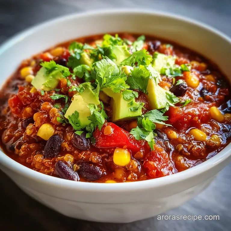 Warm bowl of vegan taco chili, garnished with fresh cilantro, diced red onion, and a lime wedge, hinting at bright flavors.