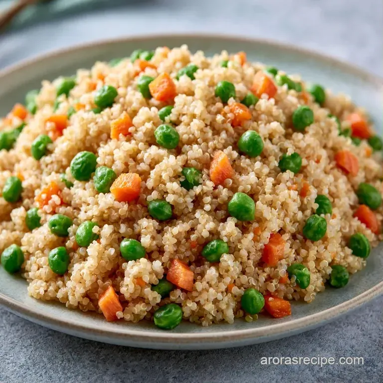 Golden quinoa grains mounded on a white ceramic plate, paired with sliced carrots and a sprig of fresh green parsley.