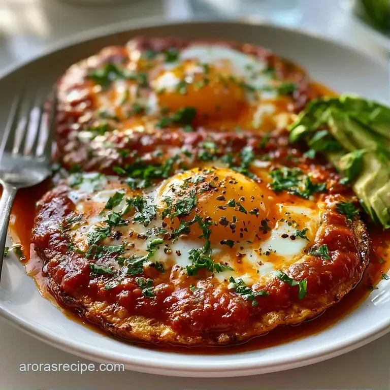 Vibrant red sauce and sliced avocado arranged over golden tortillas and eggs on a white ceramic dinner plate.