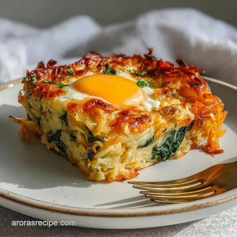 A neat slice of baked veggie casserole on a white plate with vibrant spinach and golden potatoes. Steaming slightly and re...