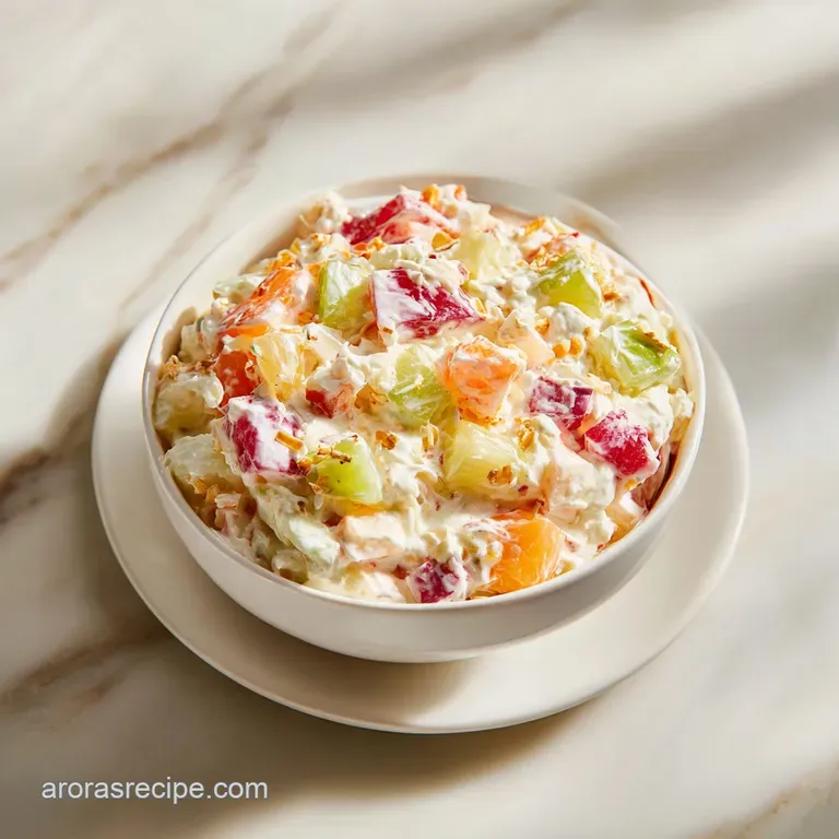 Elegant glass bowl filled with creamy ambrosia salad. Whipped topping swirls around the fruit and mini marshmallows.