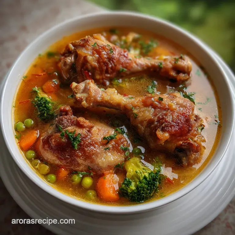 Clear chicken broth with tender chicken legs, vibrant carrots, and fresh parsley, a warm and comforting bowl.